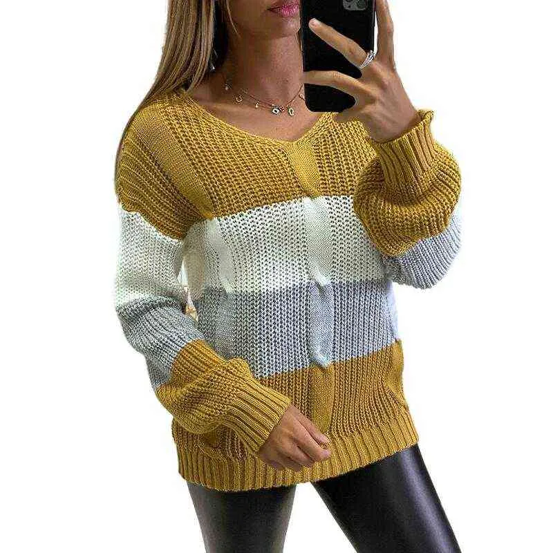 Kobiety Moda Jesień Winter Sweter V-Dekolt Solid Loose Regular Długim Rękawem Swetry Casual Furry Pullover Y1110