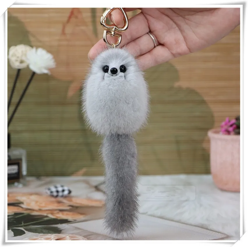 Luxury Real Mink Fur Keychain Soft Cute Fox Toys Women Handbag Ornament Pendant Car Key Ring Tail Trinket Gifts Accessories