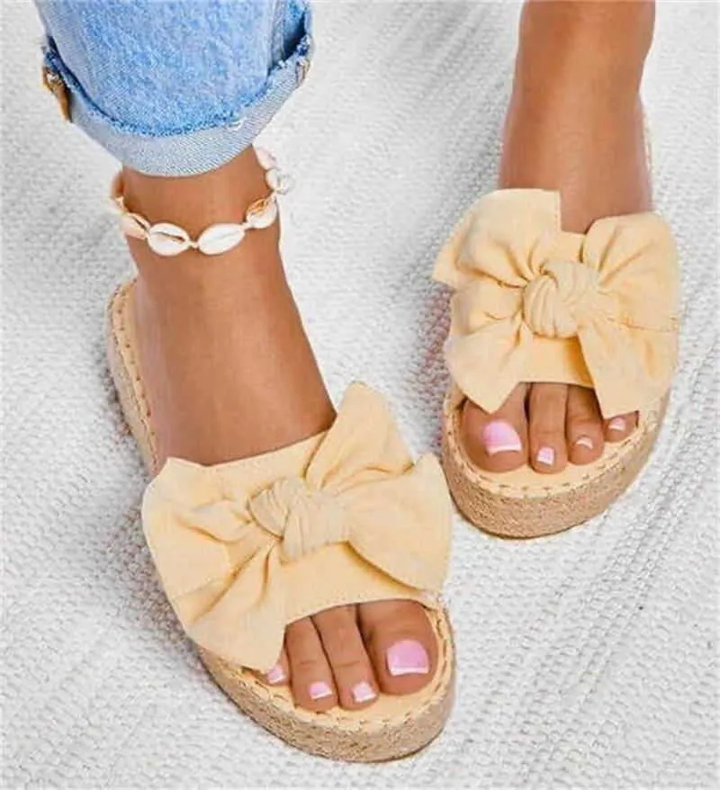 Women Bowknot Slippers 2020 Summer Casual Beach Muffin Slip On Platform Ladies Sandals Dress Party Peep Toe Female Sandals Y0721
