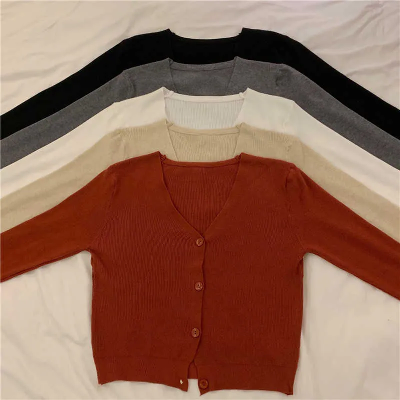 Långärmad solskyddsmedel Cardigan Stickad V Neck Sweater Kvinnor Koreansk stil Solid Färg Jacka Sommar Sommar 211011
