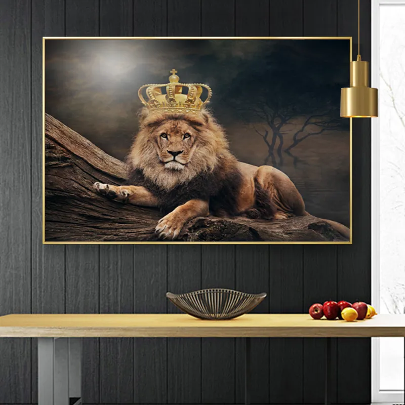 King Lion z Imperial Crown Picture Animal Canvas Malarstwo Wall Art do Dekoracji salonu Plakaty i wydruki