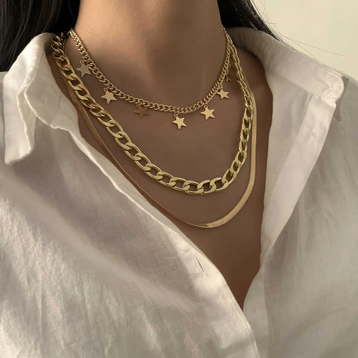 Cuban Chain Gold Silver Color Star Choker Necklaces with Snake Chain for Women Girls Jewelry Q0809