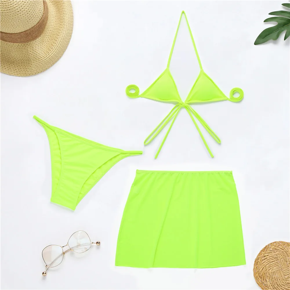 Three-piece Suit Sexy Neon Yellow Orange Bikinis Push Up Bikini Arrival Swimwear Women Padded Bra Mesh Swimsuit Skirt 210520