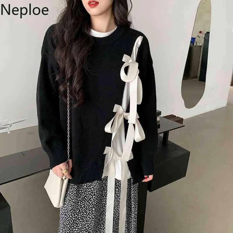 Neploe japonais doux chandails pour femmes Chic à lacets nœud tricoté pulls manteau surdimensionné vêtements d'extérieur coréen pull hauts femme 210422