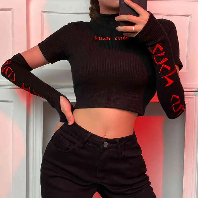 Ribbed Knit Letter Embroidery Long Sleeve Black Y2k Cropped Tops Fashion Women's T-Shirts Casual Tee Shirts Streetwear 210510