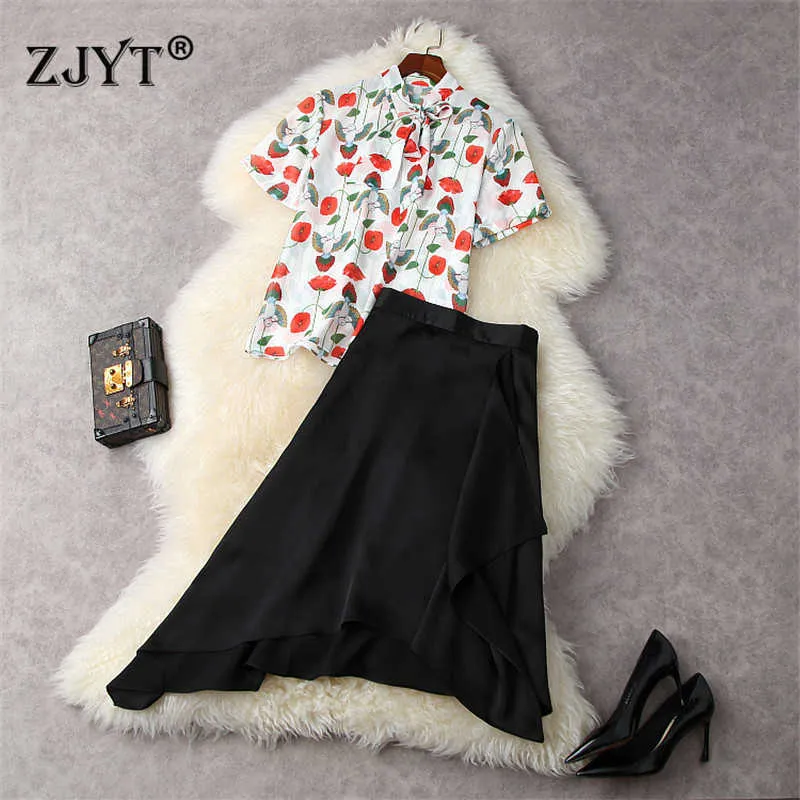 Summer Elegant Lady Office Suit Designers Short Sleeve Print Chiffon Shirt and Asymmetrical Skirt Sets 210601