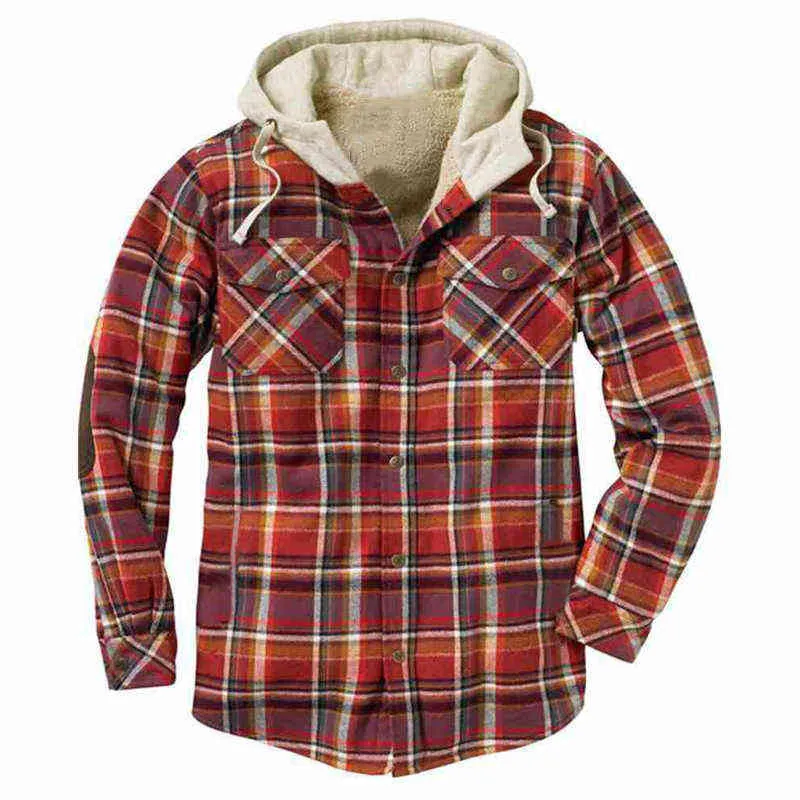 Winter Plaid Jacket Men Fleece Coat Windbreaker Hooded Warm Parkas Utomhus Outwear Overcoats Kläder Mode LM9 211214