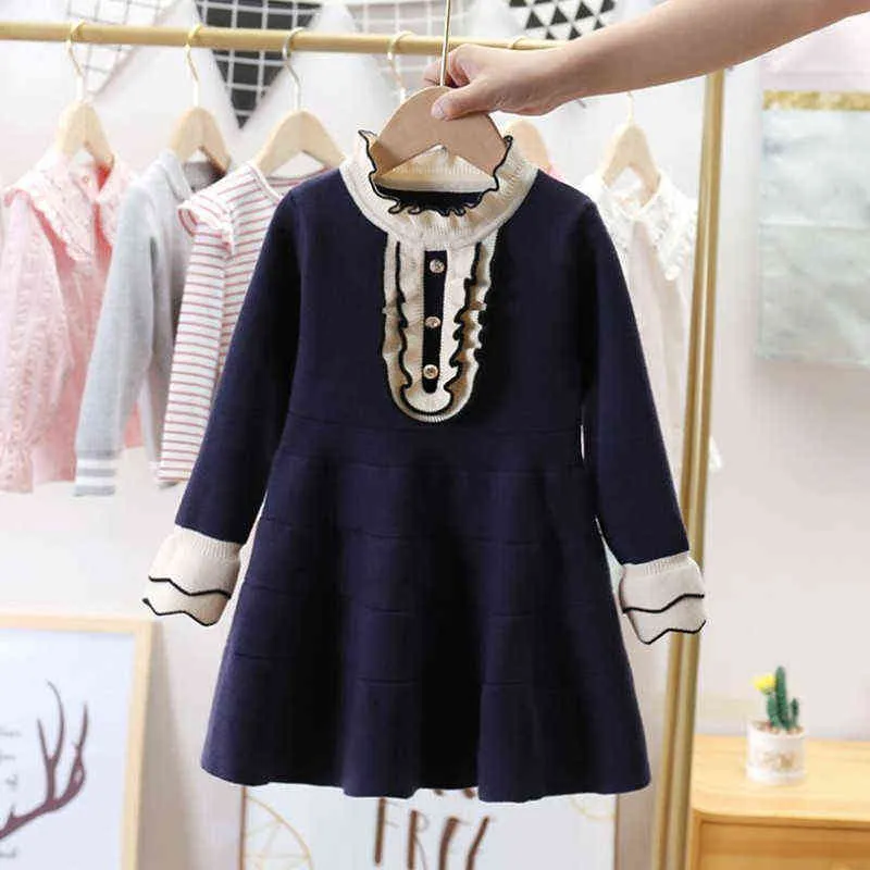 Girls' Dresses For Autumn Baby Cotton Knitted Sweater Dress With Wooden Ears 2020 New Spring Autumn Princess Dress 4-10 Years G1129
