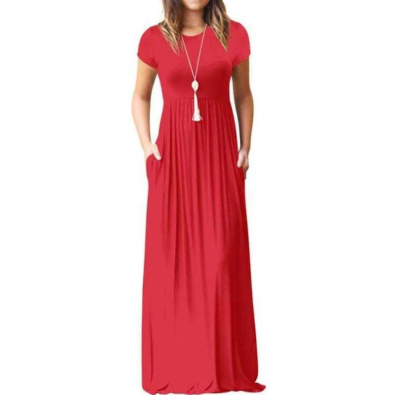 2021 Elegancka Długa Summer Sukienka Kobiety Krótki Rękaw Maxi Sukienka Damska Party Casual Sukienki Kobiet Szata Femme Green Red XXL X0521