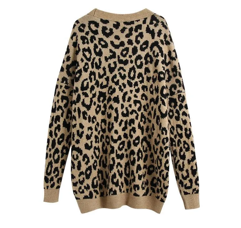 Printemps tricot animal léopard cardigan café pull surdimensionné rétro femme col en V à manches longues pull en vrac tricots 210429
