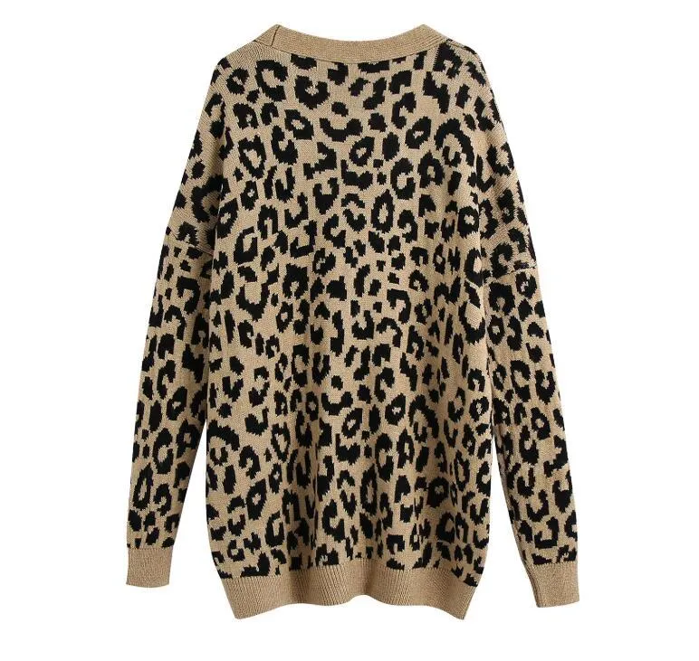 Wiosenne dziewiarskie zwierzę Leopard Cardigan Coffeeving sweter Sweter Retro kobieta V Neck Długi Rękaw Jumper Luźne Knitwear 210429