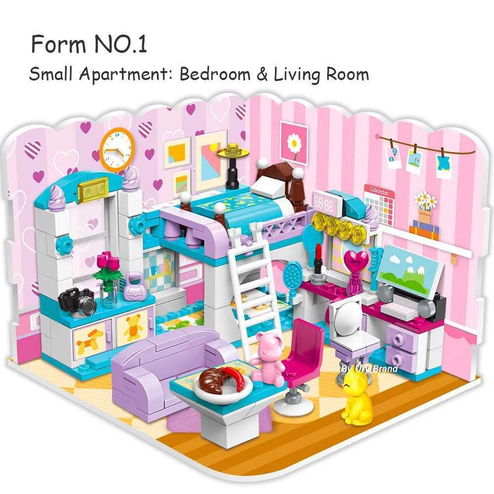 3in1 Mädchen Freunde Morden Prinzessin Schlafzimmer Set Spielplatz Schloss Haus Schlafzimmer DIY Baustein Spielzeug für Kinder Weihnachtsgeschenke Q0624