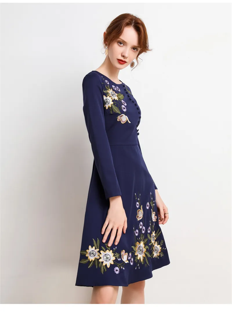 Mini abiti da donna con stampa blu scuro vintage patchwork Abito da festa da donna elegante temperamentale con arrivo autunnale 210520