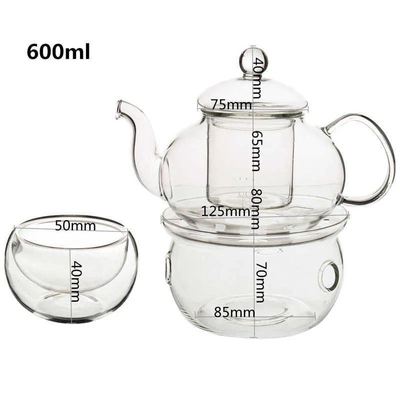 600 ml theepot set hittebestendig glas met ronde kaarshouder Cup bloem Chinese Kung Fu Pot Ware Gift 210621