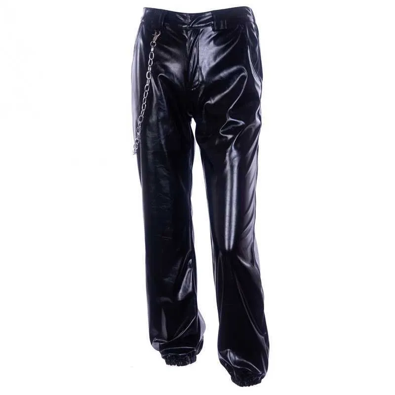 Dark Gothic Style Tooling Loose Strecped Skórzane Spodnie Damskie Wczesne Jesień Hip-Hop Osobowość Spodnie Streetwear Y2K Q0801