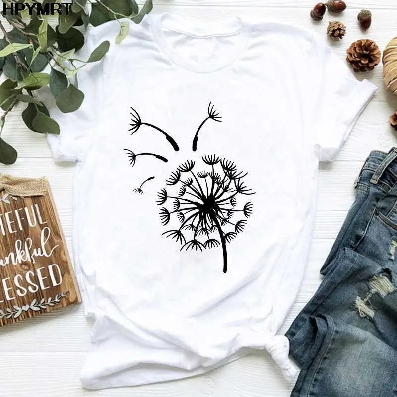 2020 New Summer Wildflower Dandelion Bouquet Cópia Mulheres Tshirt Casual T-shirt Branco Funny Camiseta Presente Para Lady Young Girl Tops X0628