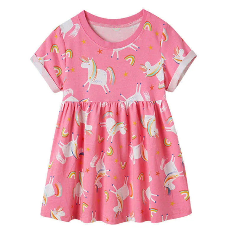 Springen meters mode eenhoorns prinses jurken katoen baby cartoon print schattige kinderen zomer kleding tuniek 210529