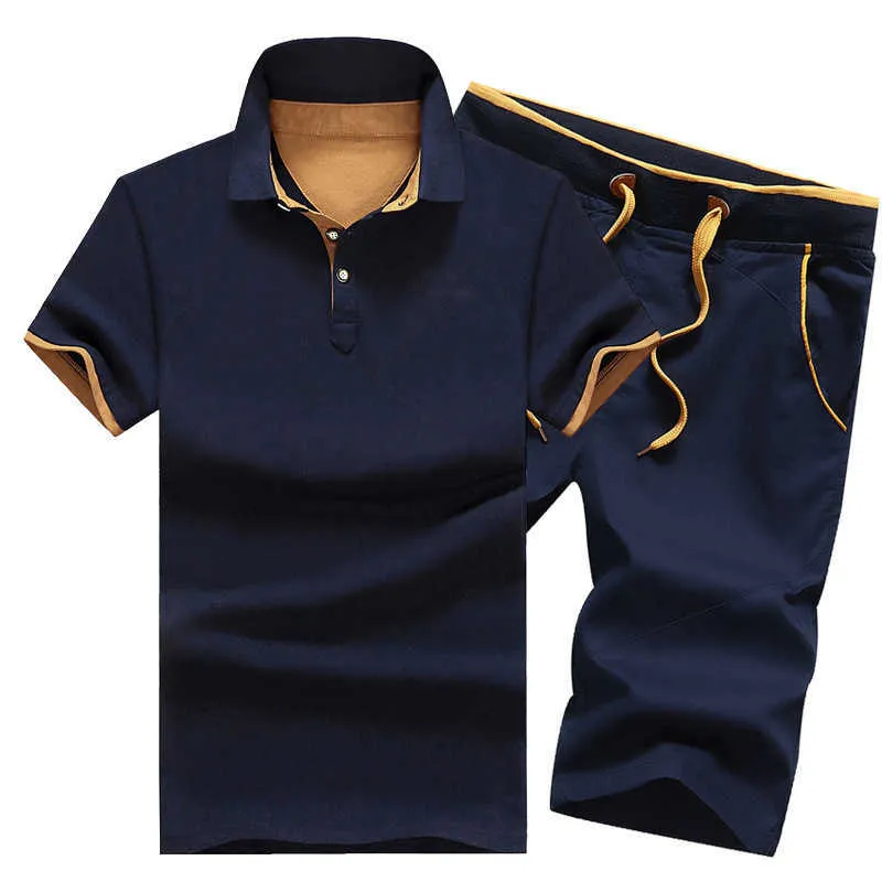 Track Suit Men Slim Polo T Shirt + Shorts Set Casual Solid Tracksuit Male Leisure Men