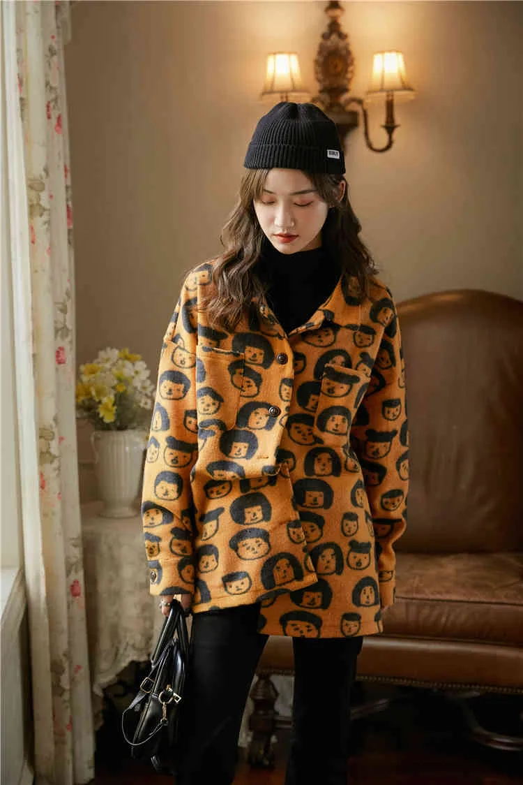Vintage Wollmantel Frauen Tweed Jacke Orange Print Outwear Designer Mäntel und Jacken Winter 210427