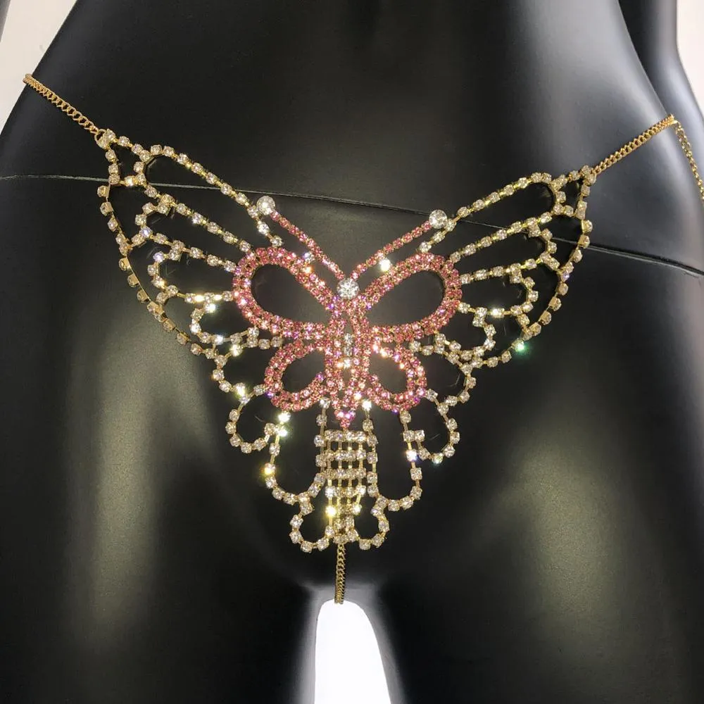 Stonefans Sexy Femme Butterfly Sousties Souswear Bling Crystal Righestone Bikini Thong Belly Chain Body Body Body Wift315W