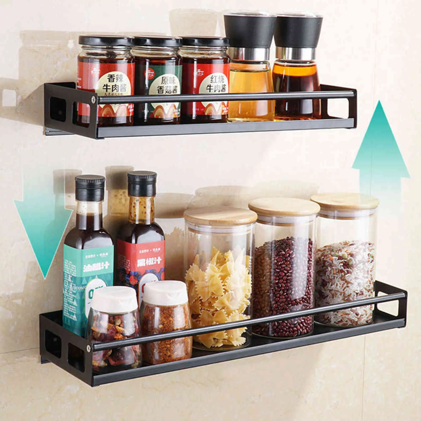 Kitchen Organizer Wall Mount Bracket Storage Rack Spice Jar Cabinet Shelf Gadget Supplies Bathroom 211112