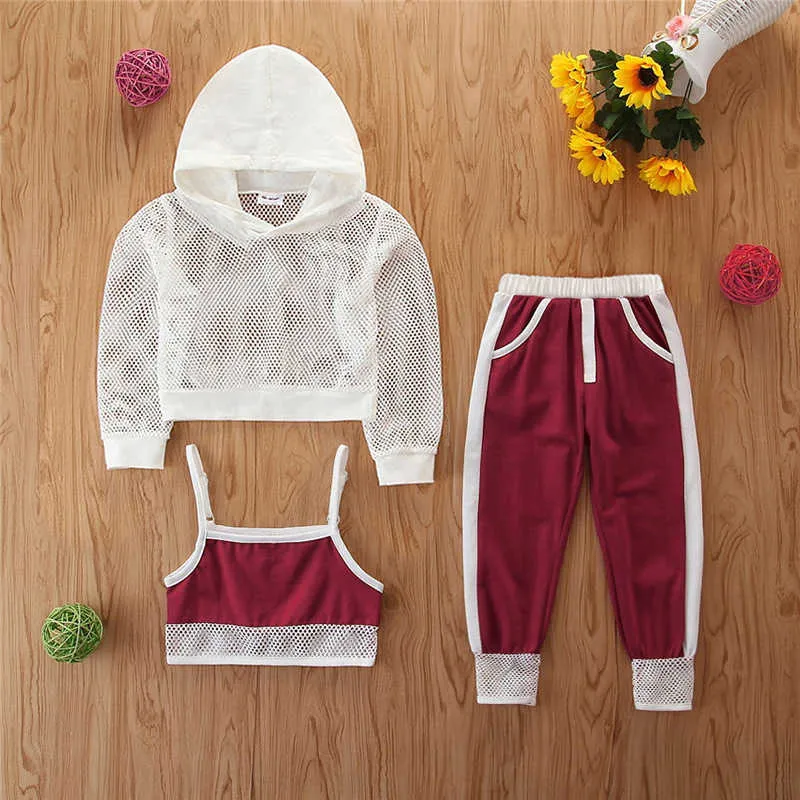 2021 Spring Girls Sportswear Ubrania Zestawy Kids Dressuit Dla Dzieci Mesh Długoszewy Bluzy + Camisole + Spodnie sportowe Suit X0902