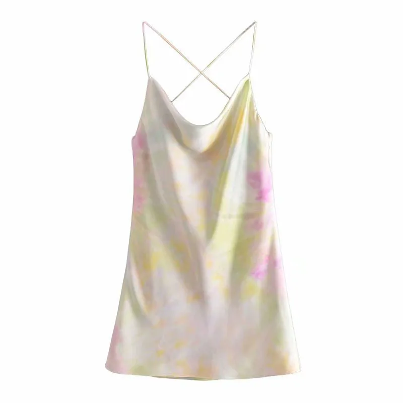 Kvinnor Sommar Sexig Tie Dye Mini Dress Za Ärmlös Spaghetti Strap Satin Bandage Kvinna Eleganta Mode Klänningar Vestidos 210513