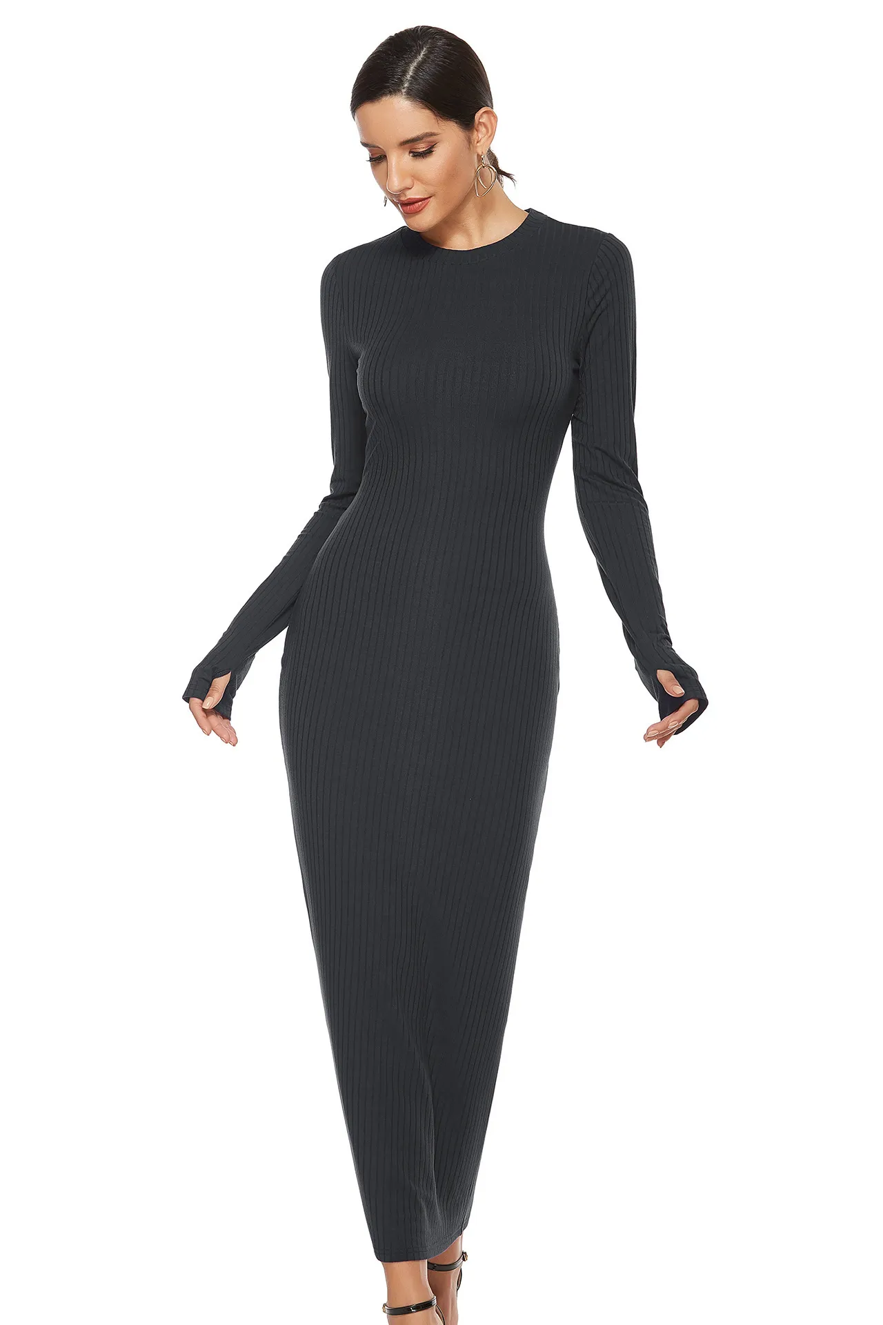 Frau Herbst Winter Bodycon Maxi Kleid Gestrickte O Hals Langarm Finger Loch Elegante es Für Frauen Schlanke Vestidos 210507