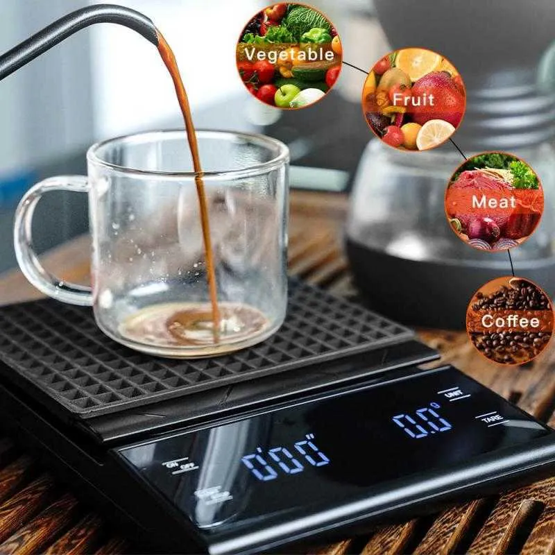 Bilancia da caffè elettronica digitale portatile da 3 kg / 0,1 g Peso degli alimenti Cottura con timer Cucina ad alta precisione uso domestico 210615