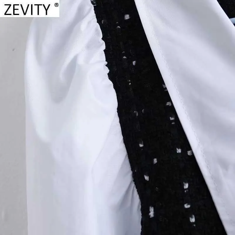 Zevenity Dames Vintage Turn Down Collar Poplin Patchwork Twed Wollen Smock Blouse Vrouwelijke Boog Gebonden Shirts Chique Blusas Tops LS7493 210603