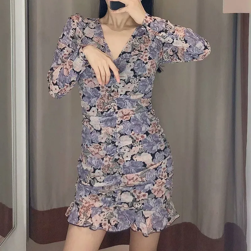 Women Summer Chiffon Pleated Mini Dresses Long Sleeve Floral Print Slim V-Neck Female Elegant Vintage Clothes Vestidos 210513