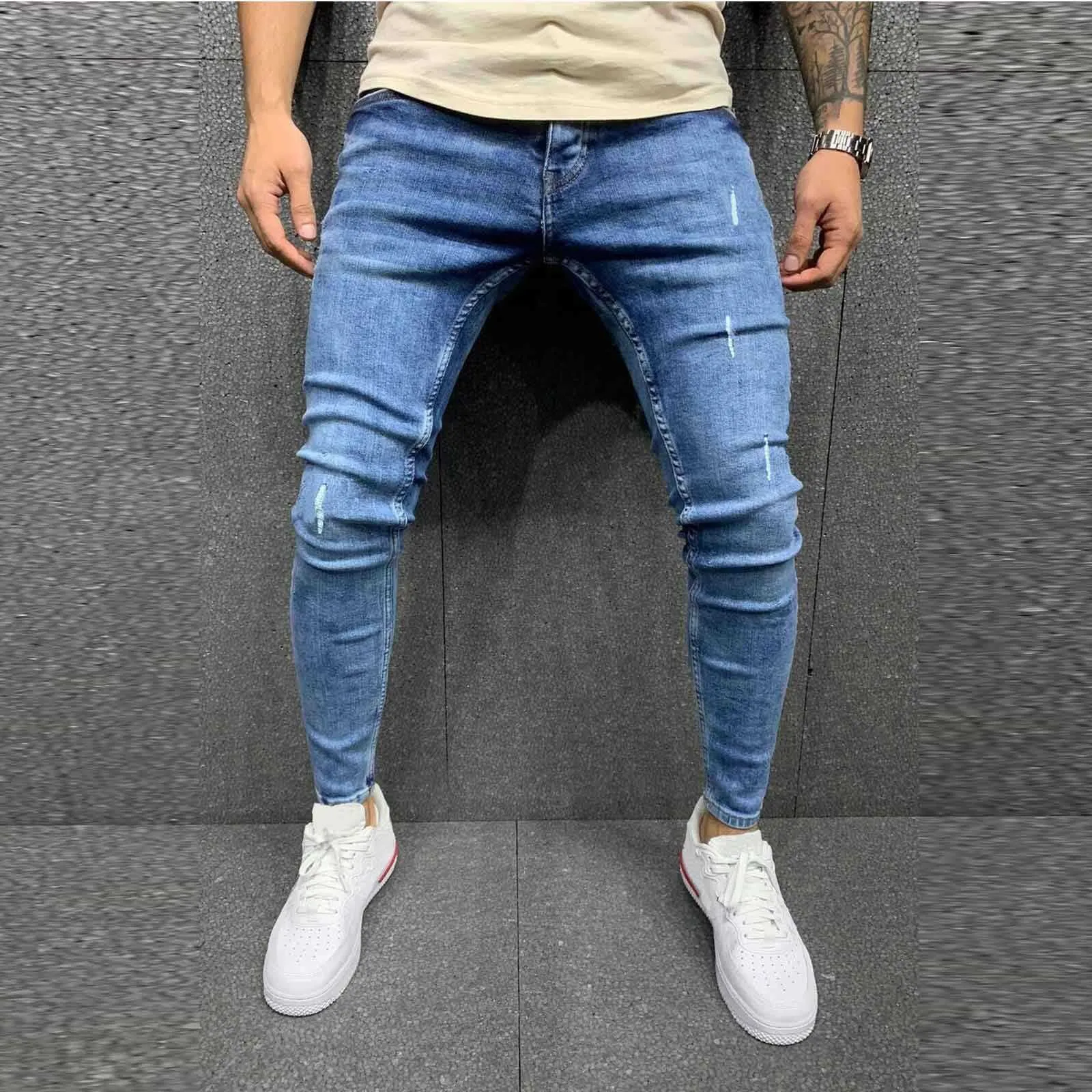 Fashion Men Zipper Denim Long Pant Hole Ripped Vintage Solid Colors Hip Hop Stretch High Waist Skinny Jeans Pants Trousers#35 X0621