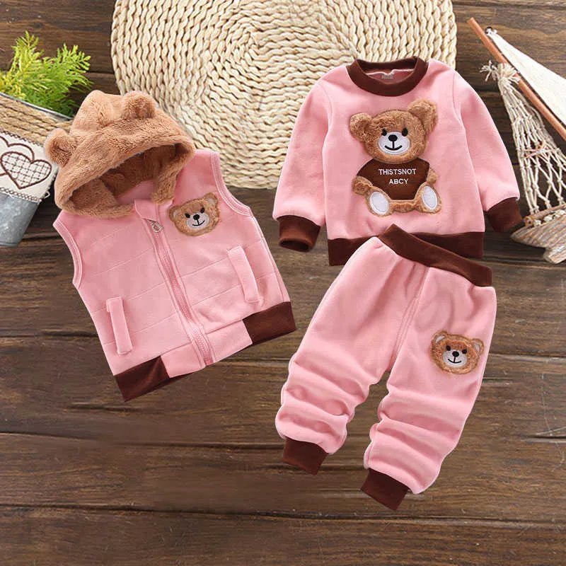 Abbigliamento bambini Abito invernale 1 2 3 4 anni Toddler Boy Girl Fashion Fleece Thick Warm Set Vest Top con cappuccio Pantaloni 211021