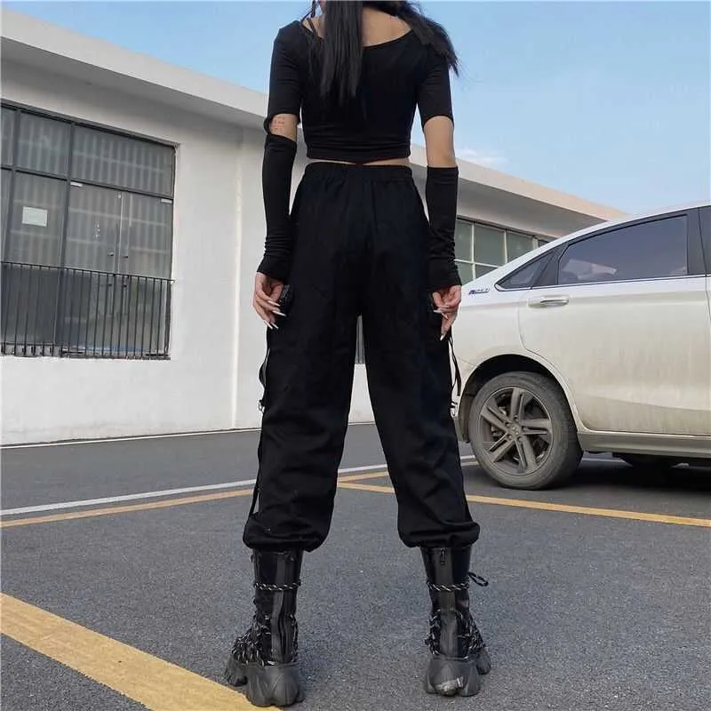 Houzhou Gothic Harajuku Zwarte Ketting Cargo Broek Dames Streetwear Koreaanse stijl Oversize Harembroek Goth Punk Plus Size Broeken Q0801