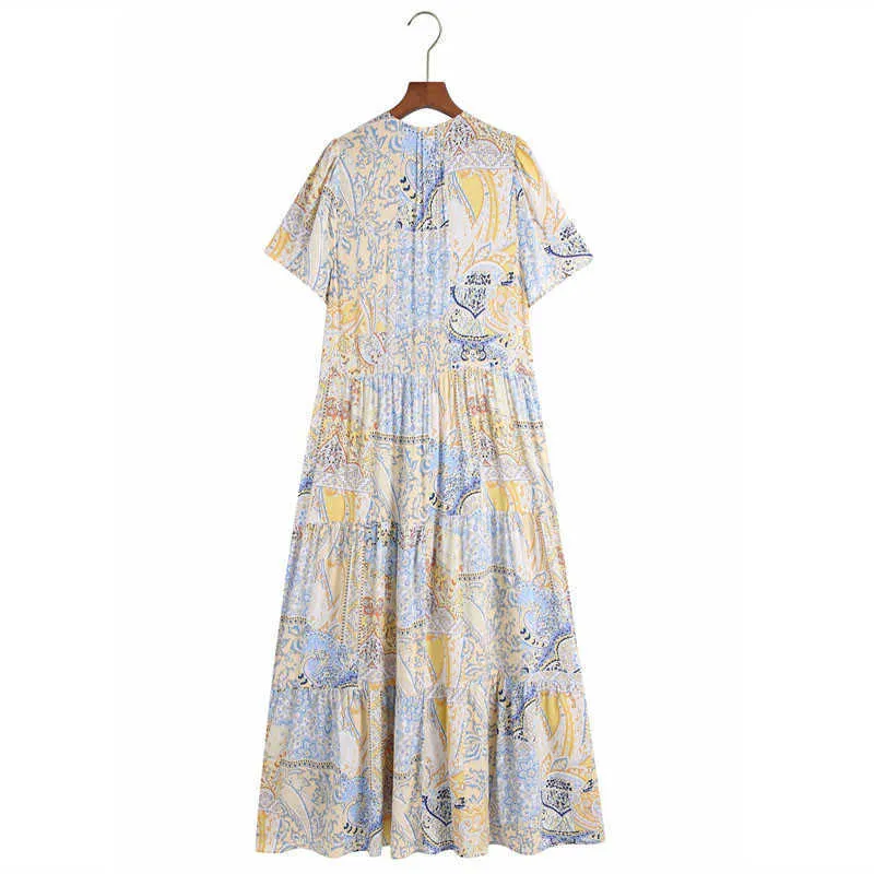Kobiety Vintage Print Midi Summer Sukienki Za Z Krótkim Rękawem Przedni Pin Tuck Eleganckie Party Dress Kobieta Chic Przycisk UP Luźna Dress 210602