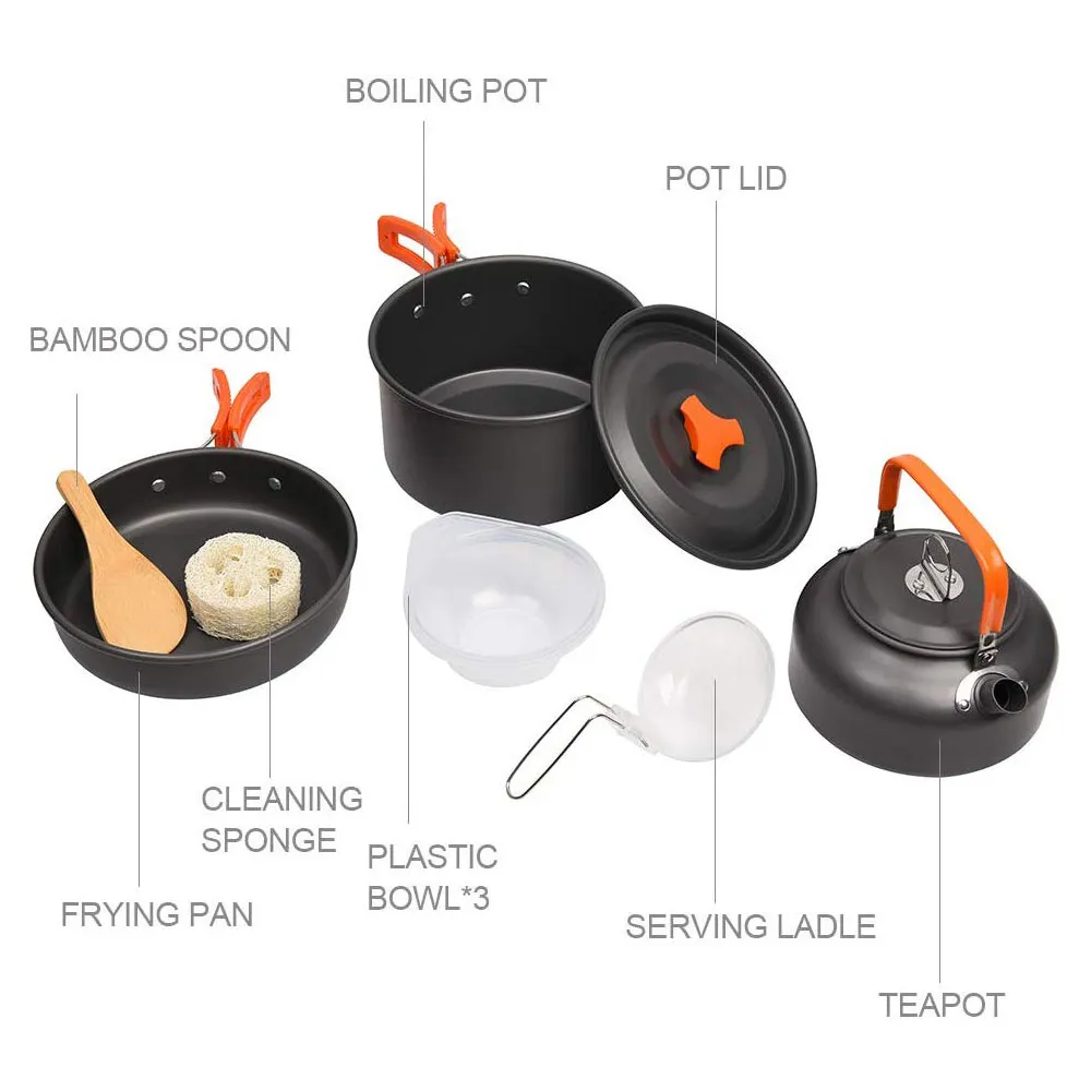 Camping Cookware Kit Открытый алюминиевый варочный комплект водяной чайник кастрюля горшок, путешествующий походный пикник BBQ посуда оборудование FT136