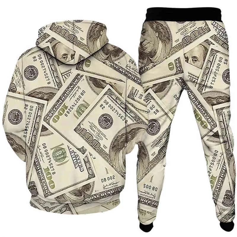2021 US Dollar Money 3D Print Men Tracksuits Women Hooded Sportswear HoodiesJogger Pants Set Spring Autumn Fashion Clothes G9656074