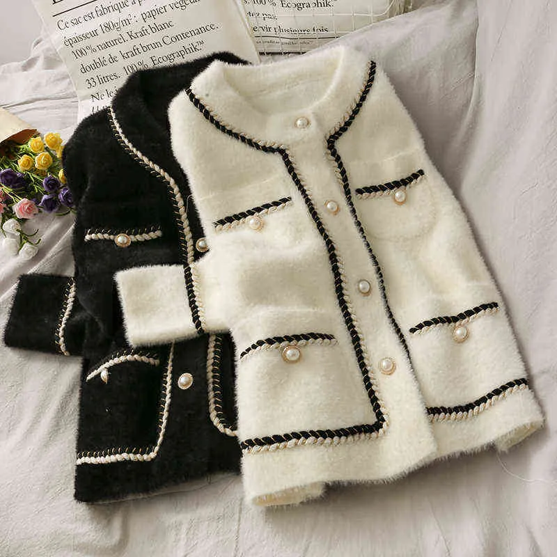 Coréen Vintage Faux Mink Cachemire Manteau Femmes Vêtements d'hiver Bow Écharpe Contraste Couleur Pull Cardigan Vestes Vêtements d'extérieur 211112