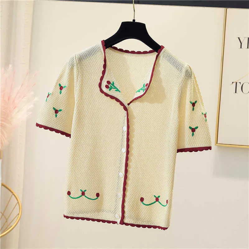 Kobiety V-Neck Knitted Casual Hollow Out Short Swetry Cardigans Lady Knitting Cienkie Summer Serdigan Outwear Crop Top Female 210604