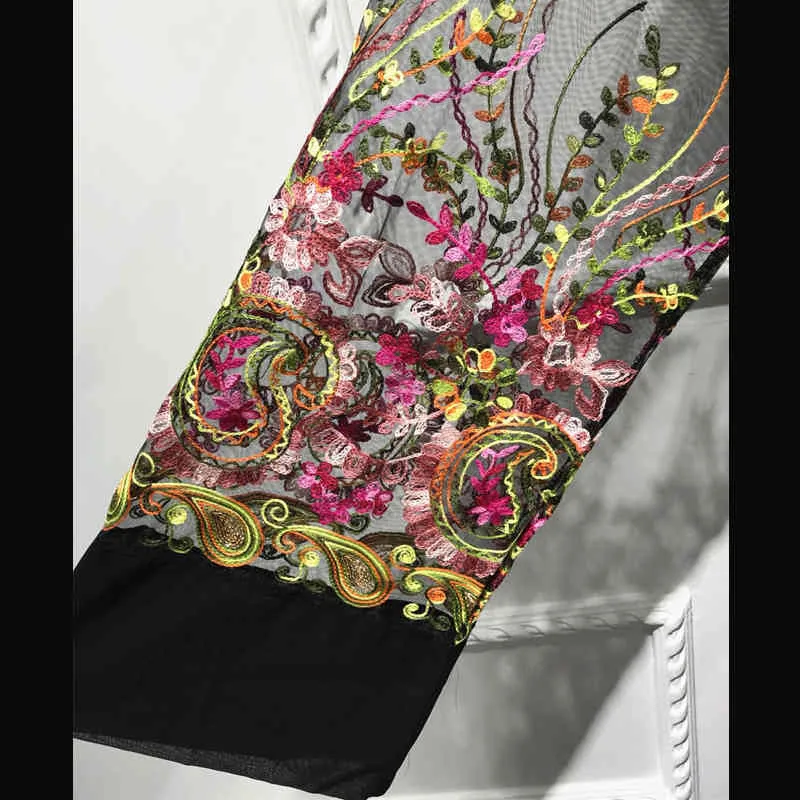 Plus Size Long Shirt Women Kimono Mujer Floral Embroidery Chiffon Mesh Blouse Cardigan Clothing Ropa Vetement Robe Chemise Femme 210323