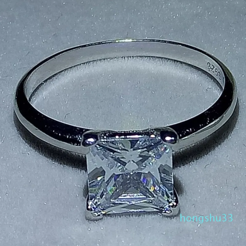 Solitario classico quattro artigli gioielli di lusso reale 100% argento sterling 925 taglio principessa topazio bianco donna anello nuziale fede regalo N217s