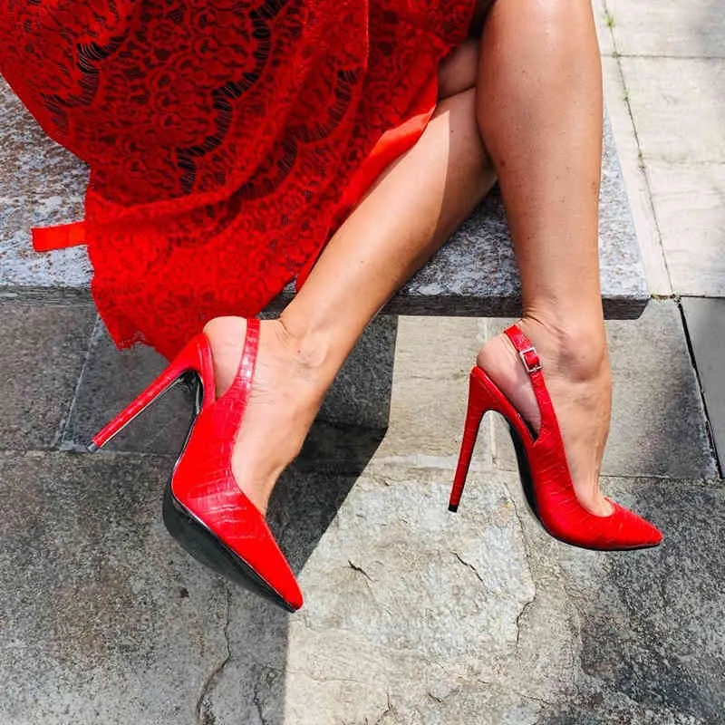 Onlymaker femmes 12 CM Slingback talons hauts pompes couleur rouge bout pointu bride à la cheville sandales de mode grande taille US5 ~ US15 210324
