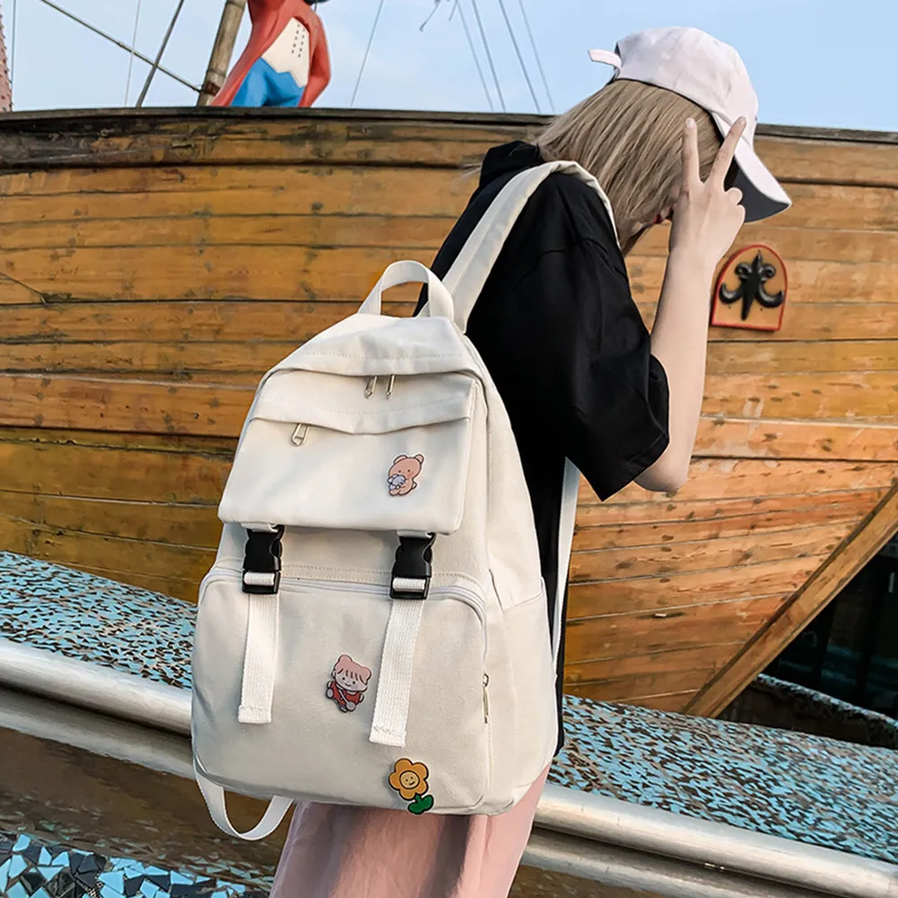 New Fashion Female Backpack Casual Large Capacity Canvas Shoulder Bags Multi Pocket Solid Color Students Daily School Bags