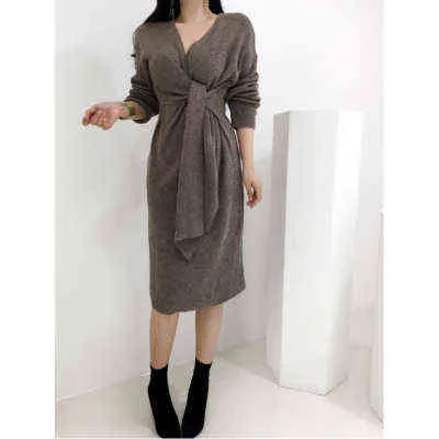 Chaud tricoté Style coréen automne solide robes pull épais 2021 hiver Pollover robe pull femmes femme abricot gris robe G1214