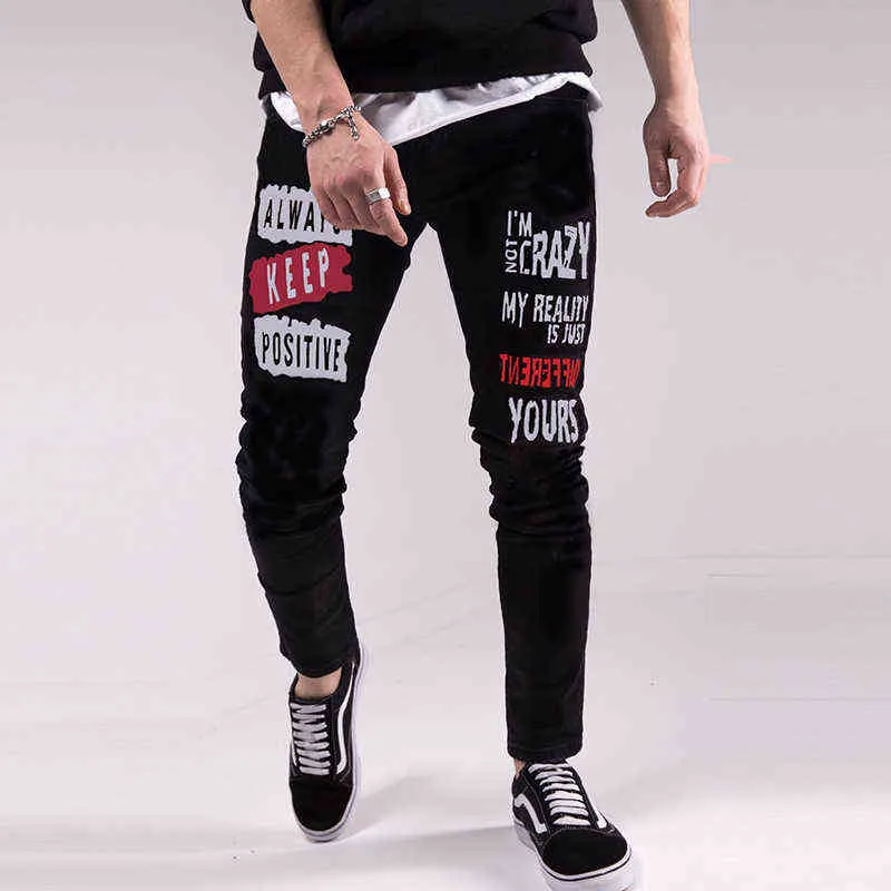 Мужчины черные промытые джинсы мода личности Biker тонкие джинсовые брюки ретро брюки череп печатный дизайн уличные джинсы 211220