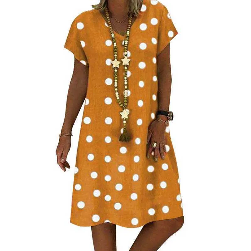 Polka Dots Print V Neck Short Sleeve Dress Women Summer Boho Casual Loose Streetwear Oversized Beach Party Dresses 210608