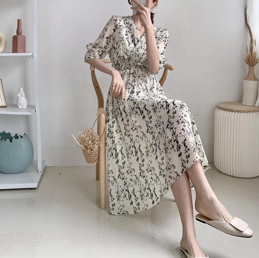 Moda damska Dress V-Neck Rękaw Szyfonowa Odchudzanie Długa Spódnica Lato Sprzedaż 210520
