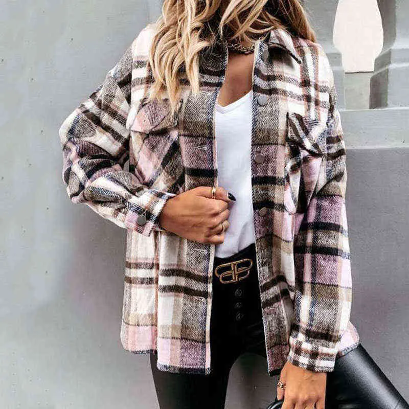 Jesień Long Plaid Jacket Damska Płaszcz Overshirt Winter Checkered Kobieta Rękaw Koszula dla 211029