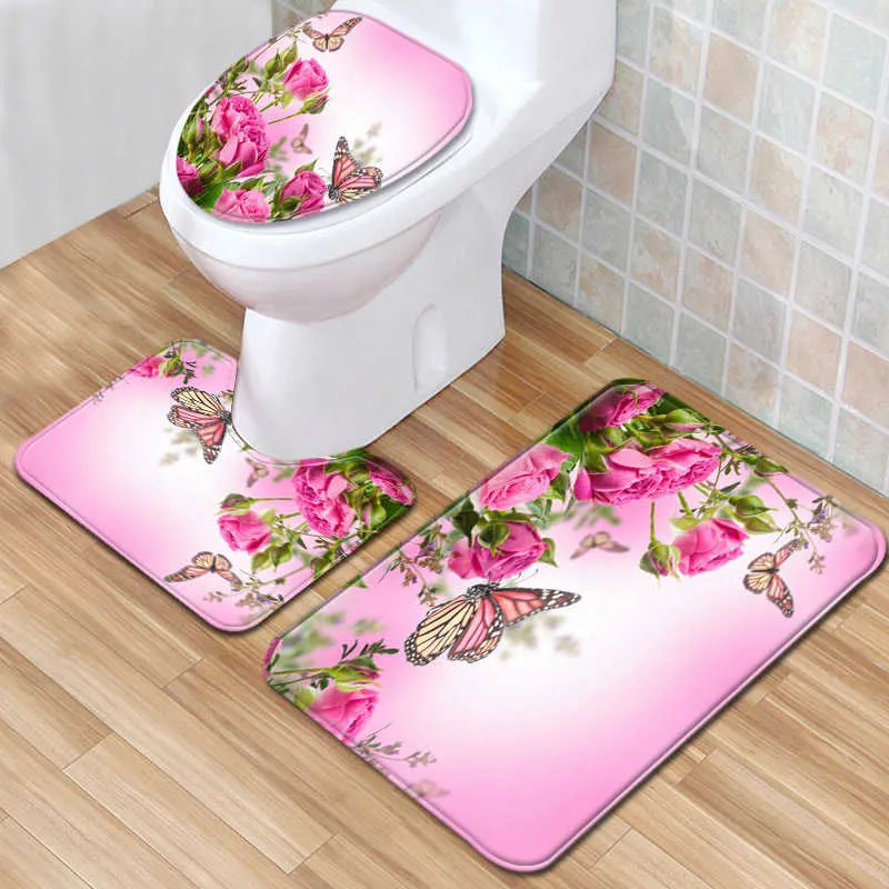 / set bleu papillon tapis de sol tapis de porte salle de bain tapis imperméable salle de bain siège de toilette couverture tapis de sol salle de bain décor 210724