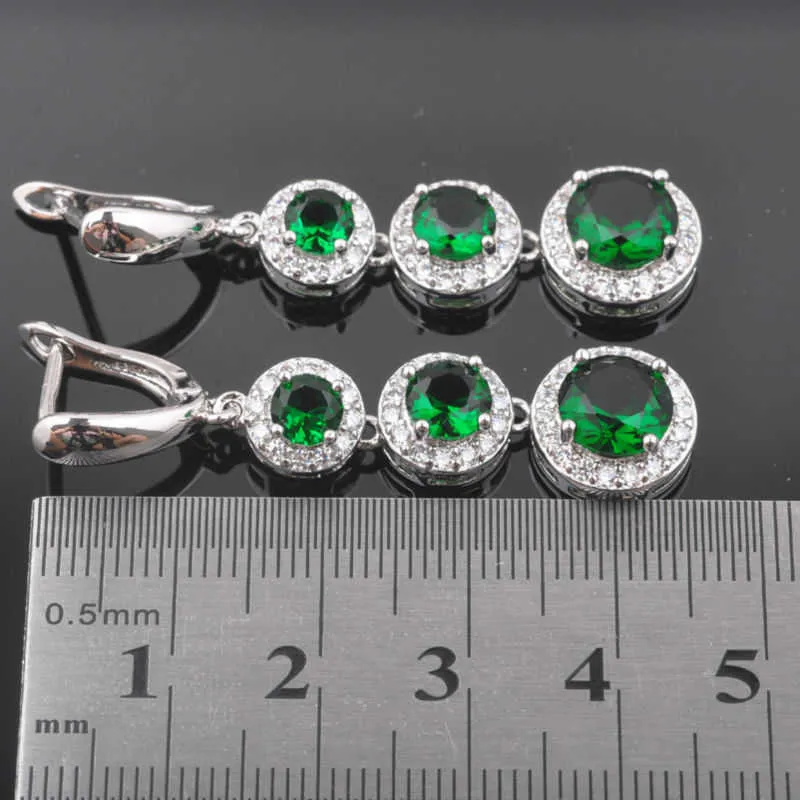 Conjuntos de joyería de boda para mujer, anillo de circonia verde de Color plateado, conjunto de collar y pendientes nupciales QZ0493 H1022